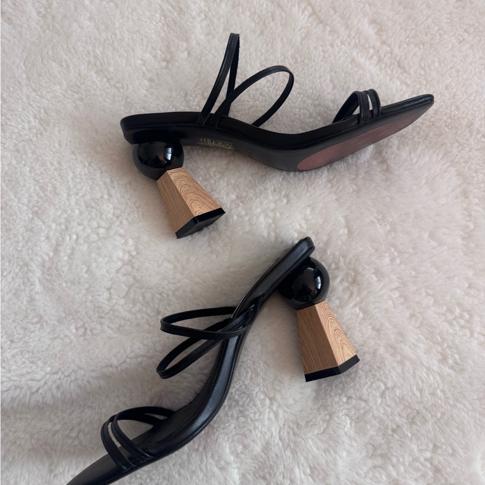 Caverley Black Strappy Heels with Artistic Wooden Heel - Picture 5 of 8